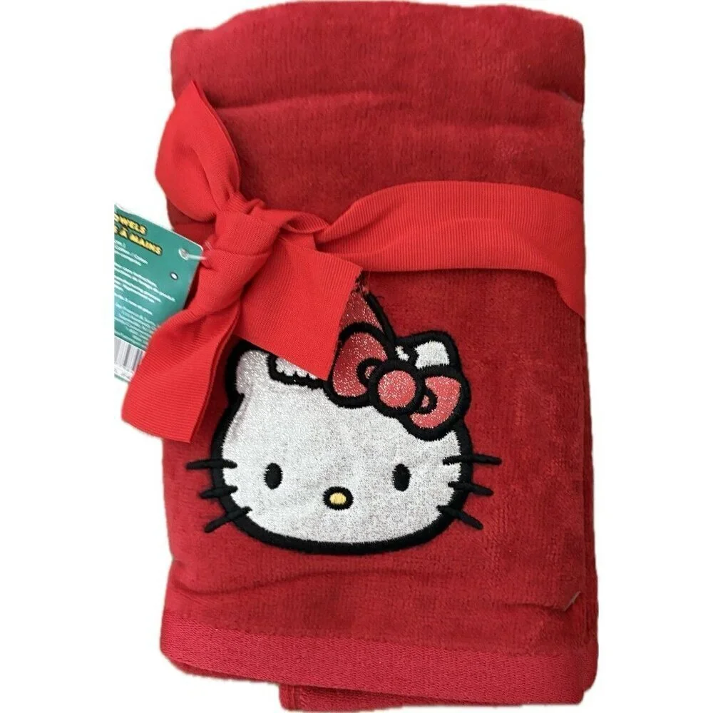 Hello Kitty Red Cotton Embroidered Glitter Face Kitty Graphic Hand Towels-2-Pk